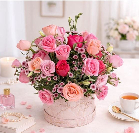 Pastel Pink Peach Rose Vase Arrangement