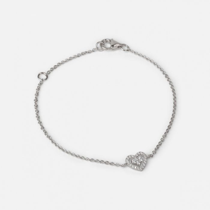 Sterling silver chain bracelet with heart charm and cubic zirconia stones