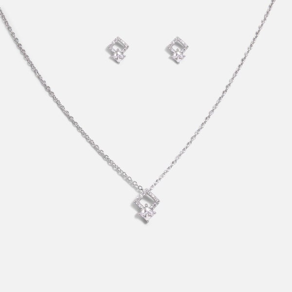 Sterling silver necklace and earrings set with square shaped cubic zirconia