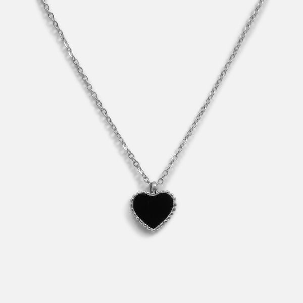 Silver stainless steel necklace with black stone heart charm and pearl outline