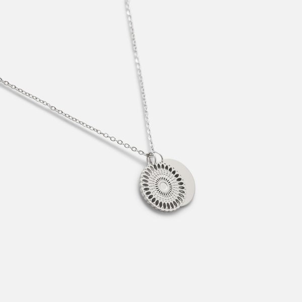 Stainless steel silver pendant with circle and filigree charms