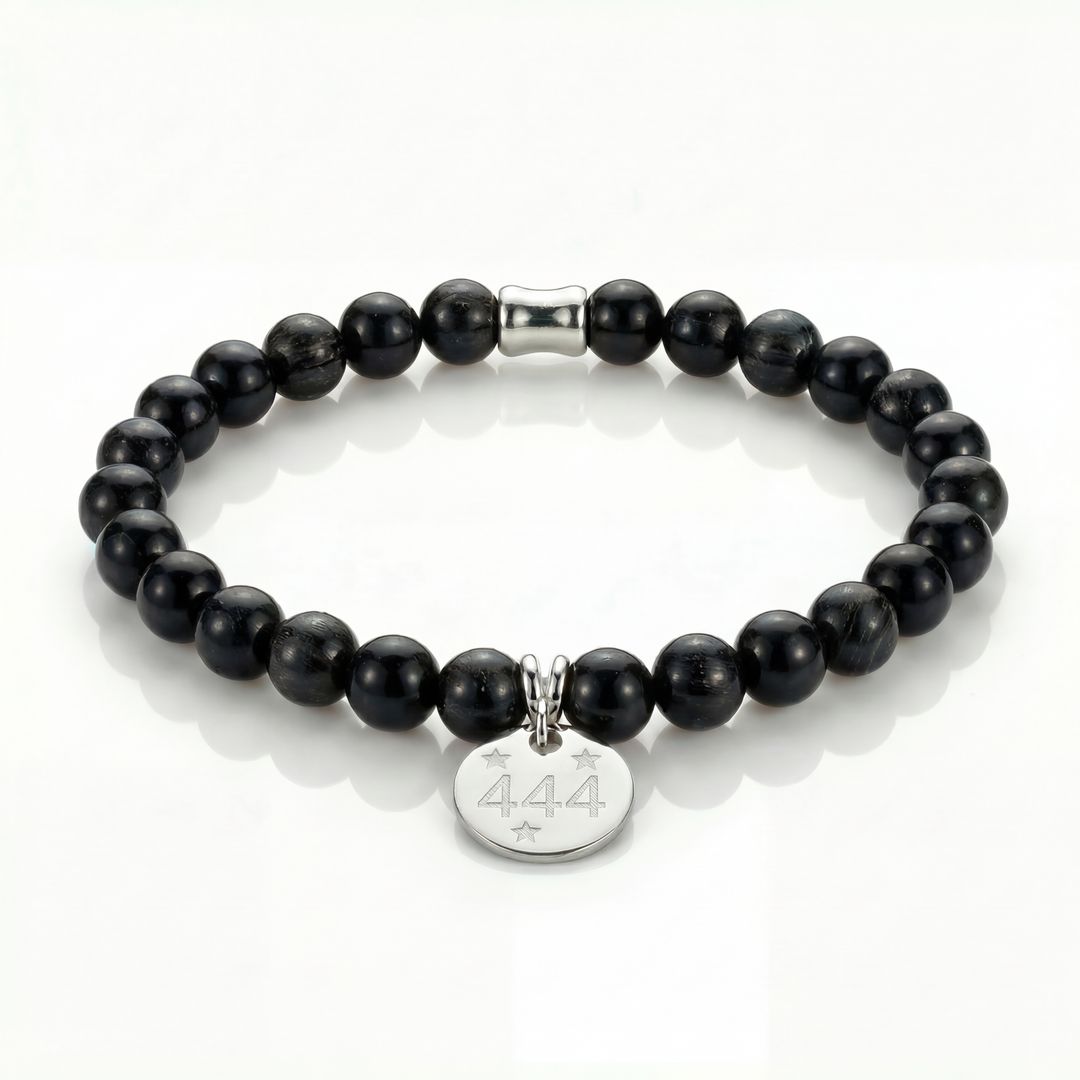 Angel Number 444 Black Tourmaline Bracelet - Sterling Silver Charm