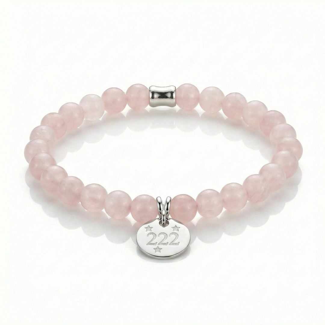 Angel Number 222 Rose Quartz Bracelet - Sterling Silver Charm