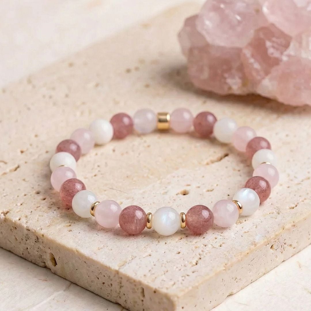 Rose Quartz, Strawberry Quartz & Rainbow Moonstone Bracelet
