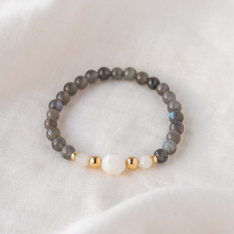 Lunar Radiance Labradorite Gemstone Bracelet with Rose Quartz and Gold Details