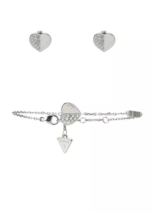 Plain & Pave Heart Stud Earrings with Bracelet Set