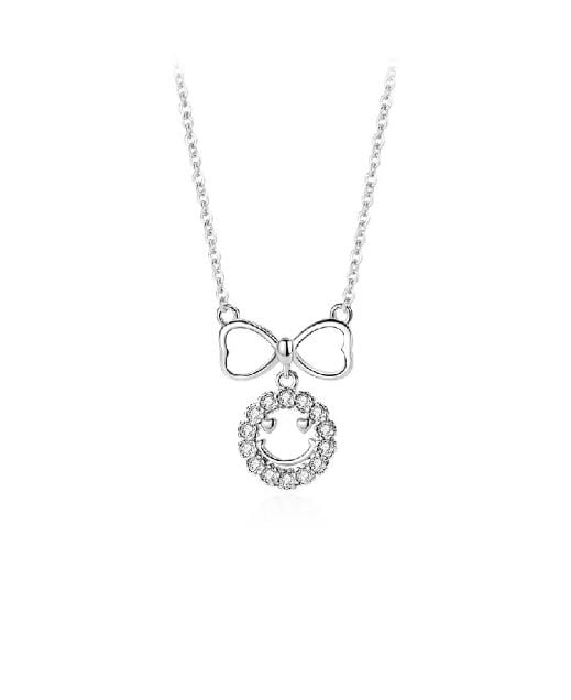 925 Sterling Silver Fashion Sweet Ribbon Smiley Face Pendant with Cubic Zirconia and Necklace