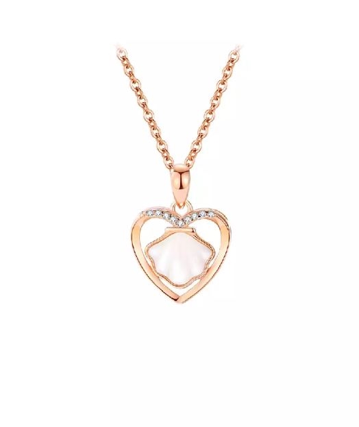 925 Sterling Silver Plated Rose Gold Fashion Simple Shell Heart Pendant with Cubic Zirconia and Necklace