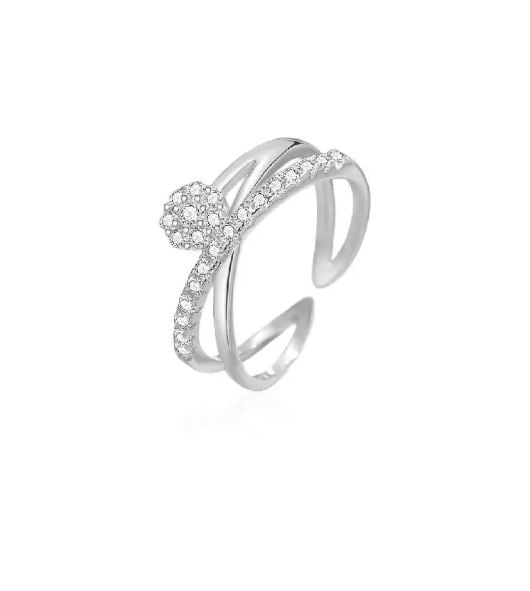 925 Sterling Silver Simple Temperament Flower Cross Geometry Adjustable Open Ring with Cubic Zirconia