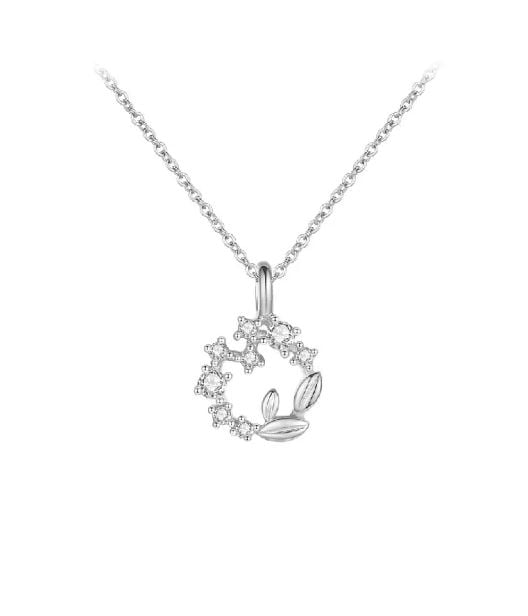 925 Sterling Silver Fashion Simple Leaf Wreath Pendant with Cubic Zirconia and Necklace