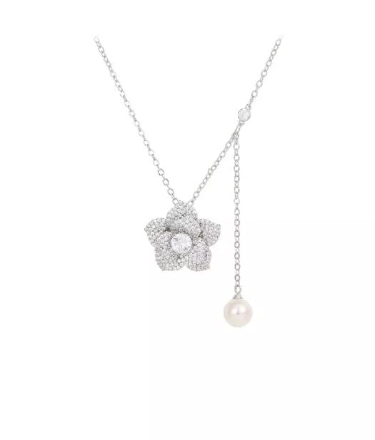 Fashion Elegant Flower Tassel Imitation Pearl Pendant with Cubic Zirconia and Necklace