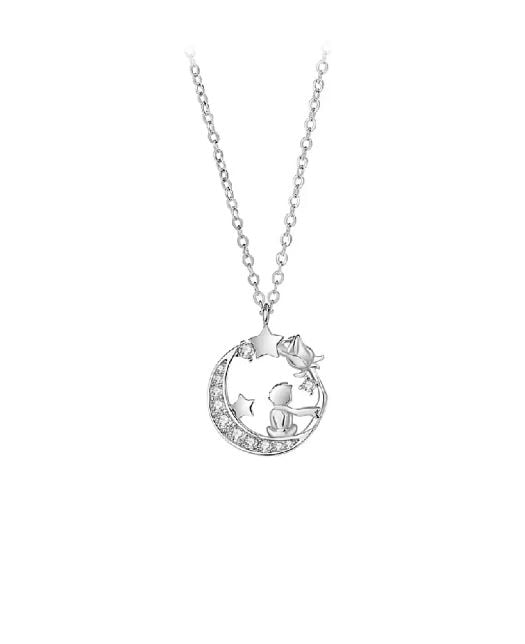 925 Sterling Silver Fashion Creative Little Prince Moon Pendant with Cubic Zirconia and Necklace