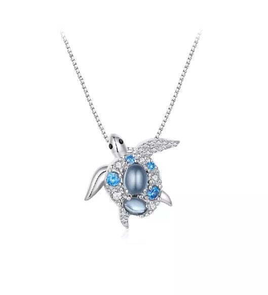 925 Sterling Silver Fashion Cute Turtle Pendant with Cubic Zirconia and Necklace