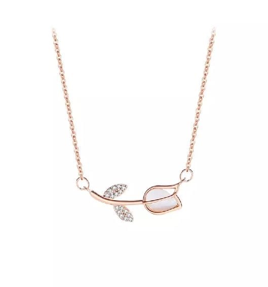925 Sterling Silver Plated Rose Gold Simple Temperament Tulip Pendant with Cubic Zirconia and Necklace