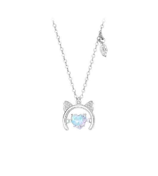 925 Sterling Silver Simple and Cute Cat Heart Pendant with Cubic Zirconia and Necklace
