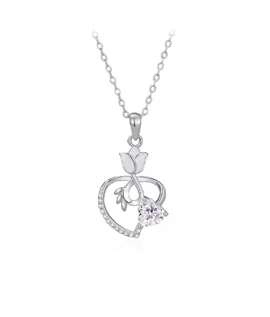 925 Sterling Silver Fashion Temperament Tulip Heart Pendant with Cubic Zirconia and Necklace