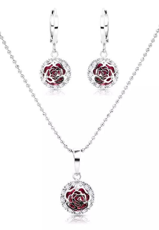 Camellia Flower Diamond Simulant Ruby Hoop Earrings and Necklace Set