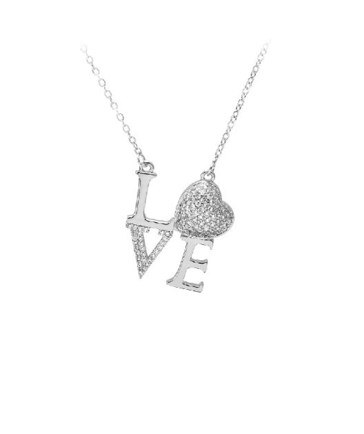 Fashion and Romantic LOVE Heart-shaped Pendant with Cubic Zirconia and Necklace