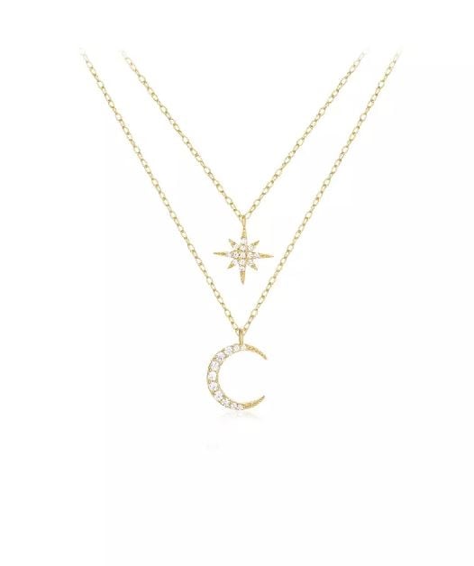 925 Sterling Silver Plated Gold Fashion Simple Star and Moon Pendant with Cubic Zirconia and Double Necklace