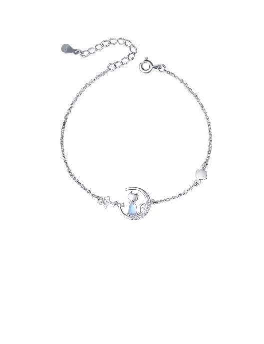 925 Sterling Silver Simple and Cute Star Moon Cat Moonstone Bracelet with Cubic Zirconia