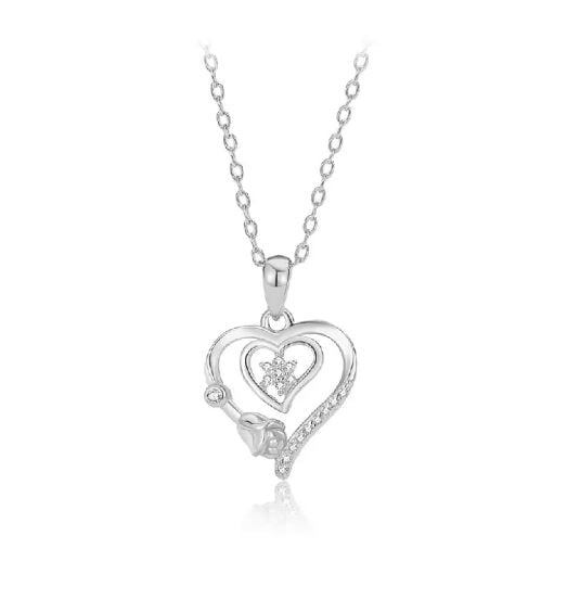 925 Sterling Silver Fashion Romantic Rose Heart Pendant with Cubic Zirconia and Necklace