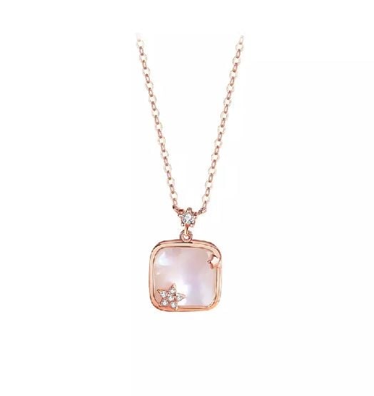 925 Sterling Silver Plated Rose Gold Fashion Temperament Star Geometric Square Mother-of-pearl Pendant with Cubic Zirconia and Necklace