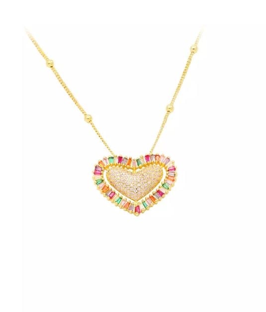 Brilliant Fashion Plated Gold Colorful Lace Heart Pendant with Cubic Zirconia and Necklace