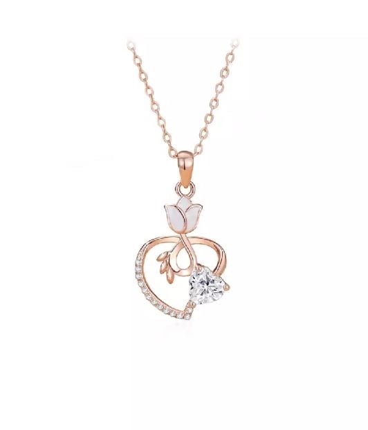 925 Sterling Silver Plated Rose Gold Fashion Temperament Tulip Heart Pendant with Cubic Zirconia and Necklace