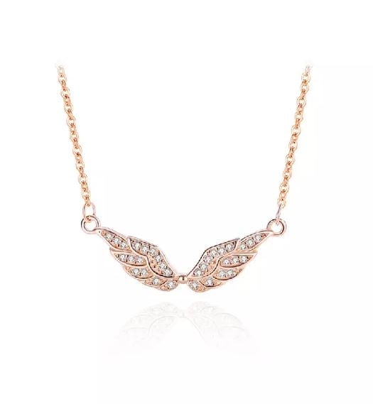 925 Sterling Silver Plated Rose Gold Fashion Simple Angel Wings Pendant with Cubic Zirconia and Necklace
