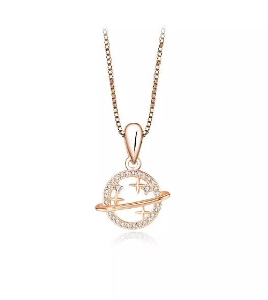925 Sterling Silver Plated Rose Gold Fashion Simple Planet Star Pendant with Cubic Zirconia and Necklace