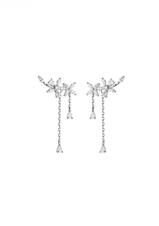 925 Silver Zircon Floral Chain Tassel Earrings JW AR-G0598