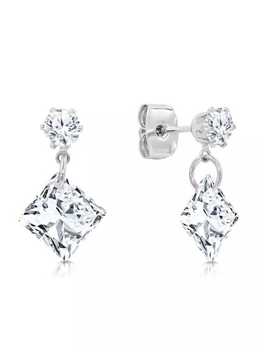 Square Brilliant Cut Diamond Simulant Cubic Zirconia Short Dangle Pierced Stud Earrings