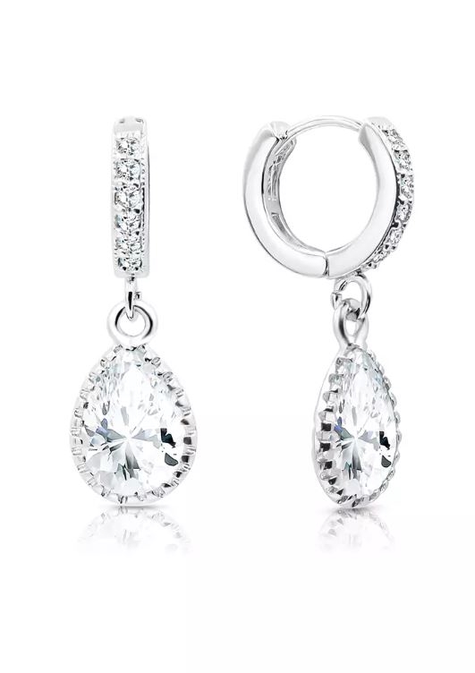 Crown Teardrop Diamond Simulant Cubic Zirconia Dangling Diamante Hoop Earrings
