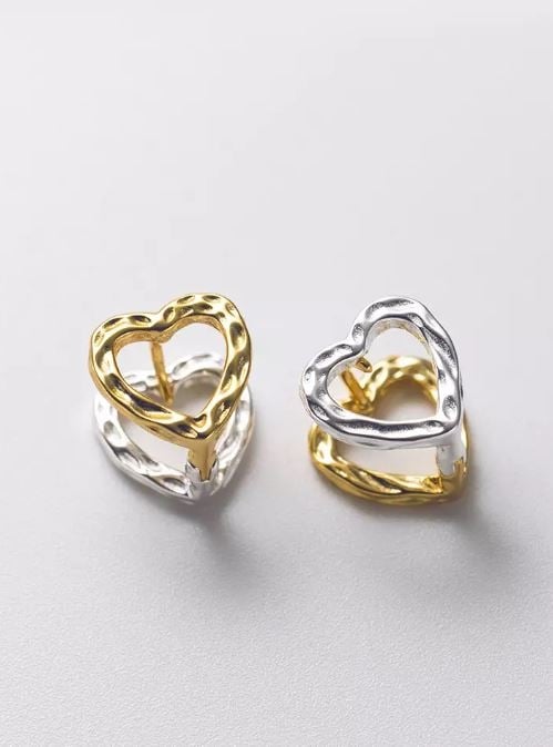 925 Silver Mix Color Double Layered Heart Earrings JW AR-M03372