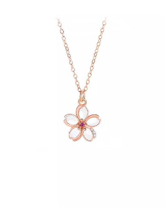 925 Sterling Silver Plated Rose Gold Fashion Temperament Cherry Blossom Mother-of-pearl Pendant with Cubic Zirconia and Necklace