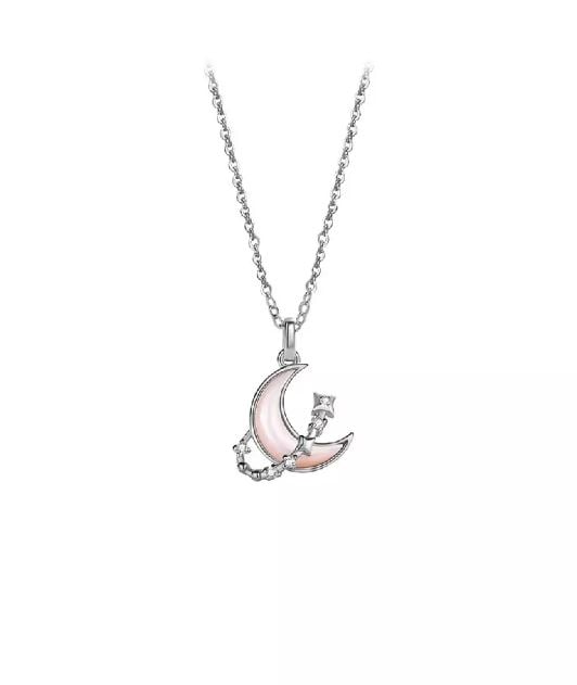 925 Sterling Silver Fashion Temperament Moon Mother-of-pearl Star Pendant with Cubic Zirconia and Necklace