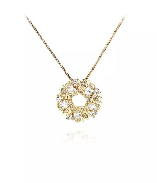 Fashion Elegant Plated Gold Flower Circle Pendant with Cubic Zirconia and Necklace