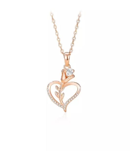 925 Sterling Silver Plated Rose Gold Fashion Romantic Rose Heart Pendant with Cubic Zirconia and Necklace