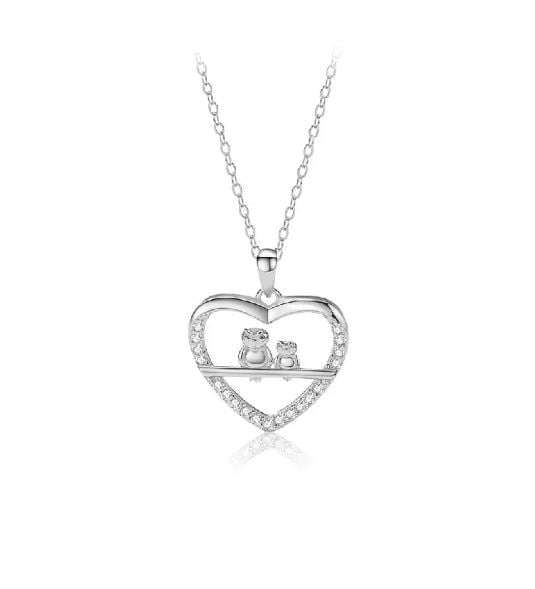 925 Sterling Silver Fashion Simple Owl Heart Pendant with Cubic Zirconia and Necklace