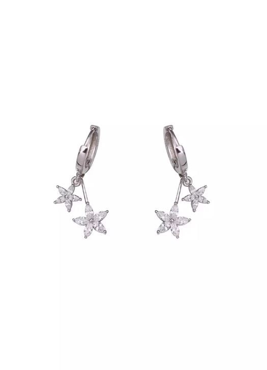 Women's Diamond Flowers Huggie Earrings - Silver