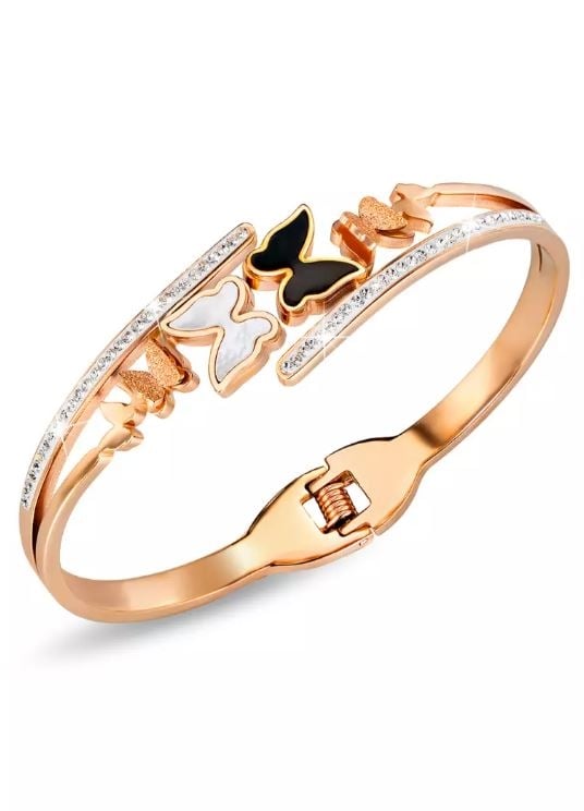 BULLION GOLD Black and White Inlay Butterfly Bangle Rose Gold Layered Stainless Steel