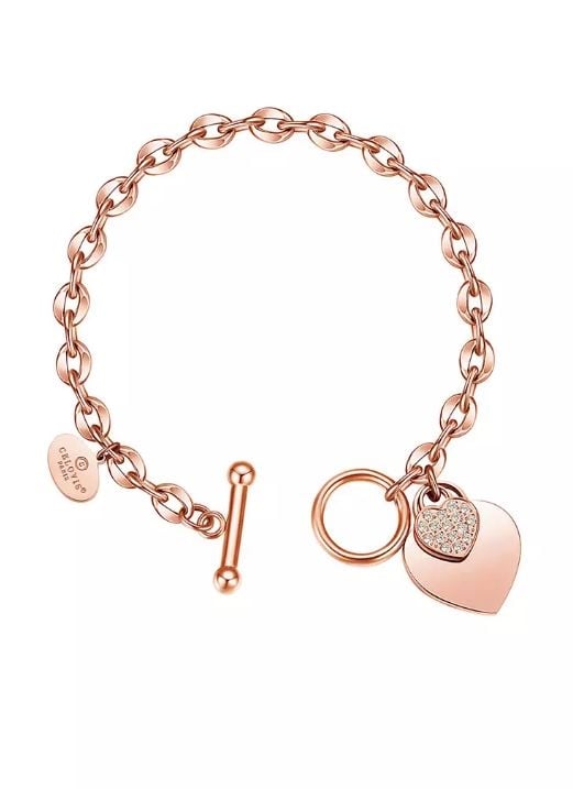 CELOVIS - La Devotion CZ Heart Tag Pendant Toggle Clasp Bracelet in Rose Gold