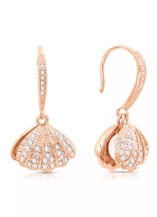 Ocean The Sea Pearl In Seashell Diamond Simulant Cubic Zirconia Rose Gold Hook Earrings