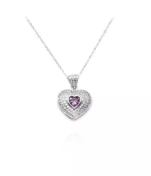 Simple Brilliant Heart Pendant with Purple Cubic Zirconia and Necklace
