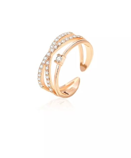 925 Sterling Silver Plated Rose Gold Simple Personality Cross Multi-layer Geometric Adjustable Open Ring with Cubic Zirconia