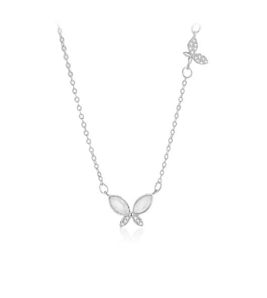 925 Sterling Silver Simple Elegant Butterfly Imitation Opal Pendant with Cubic Zirconia and Necklace