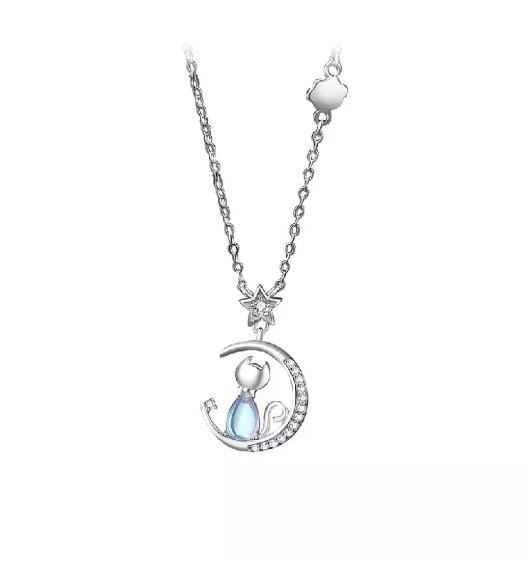 925 Sterling Silver Simple and Cute Star Moon Cat Moonstone Pendant with Cubic Zirconia and Necklace