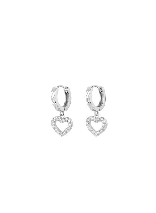Women's Diamond Embedded Hollowed Heart Huggie Earrings - Silver