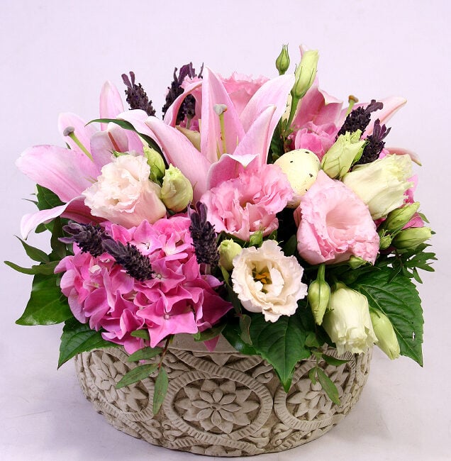 Rustic Flower Bowl With Pink Lilies