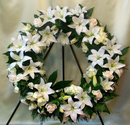 Greek white wreath, lilies, roses (Medium)